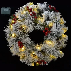 Christmas Wreath Flocked With LED Lights 20in -Christmas Decorations Store 20 Christmas Wreath Flocked with LED Lights 4 result 600x600 1
