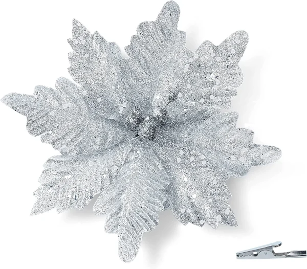 24pcs Christmas Silver Poinsettia Flowers 4 24pcs Christmas Silver Poinsettia Flowers - Image 2