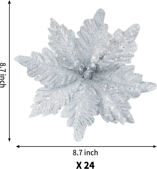 24pcs Christmas Silver Poinsettia Flowers 6 24pcs Christmas Silver Poinsettia Flowers - Image 4