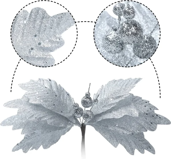 24pcs Christmas Silver Poinsettia Flowers 7 24pcs Christmas Silver Poinsettia Flowers - Image 5