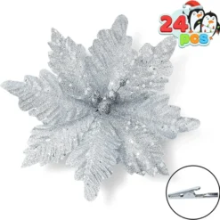 24pcs Christmas Silver Poinsettia Flowers 13 24pcs Christmas Silver Poinsettia Flowers -Christmas Decorations Store 24 Pcs Silver Poinsettia Flowers with Clips and Glitter 6 result 600x598 1