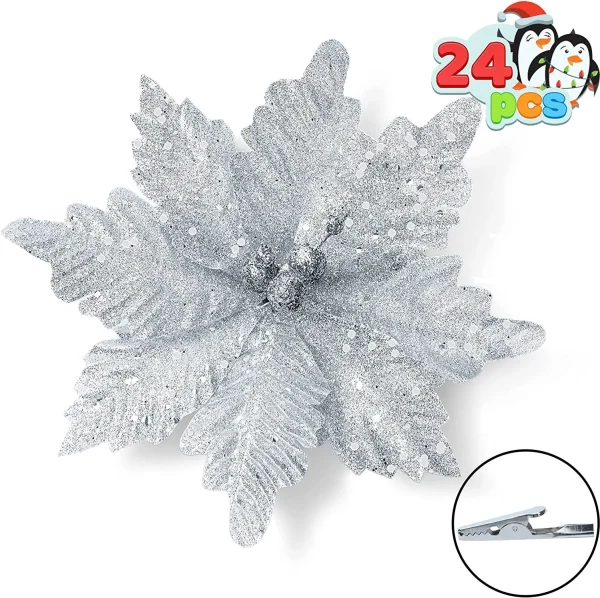 24pcs Christmas Silver Poinsettia Flowers 8 24pcs Christmas Silver Poinsettia Flowers - Image 6