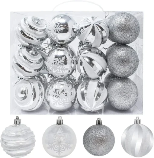 24pcs Silver And White Christmas Ball Ornaments 6 24pcs Silver And White Christmas Ball Ornaments -Christmas Decorations Store 24Pcs Christmas Ball Ornaments Silver and White 4 600x615 1
