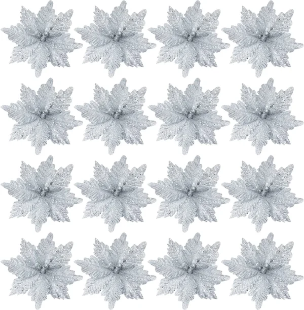 24pcs Christmas Silver Poinsettia Flowers 5 24pcs Christmas Silver Poinsettia Flowers - Image 3