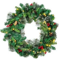 50 LED Battery Operated Snow Flocked Wreath 24in -Christmas Decorations Store 24Snow Flocked Prelit Christmas Wreath 6 result 600x604 1