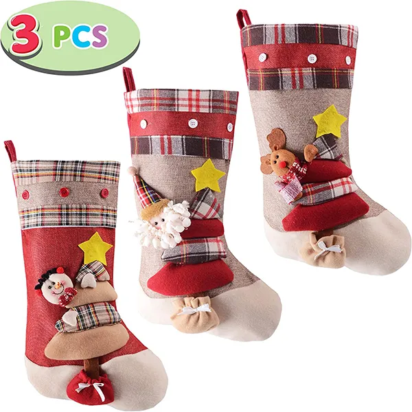 3pcs 3D Burlap And Plaid Christmas Stockings 18in 4 3pcs 3D Burlap And Plaid Christmas Stockings 18in - Image 2