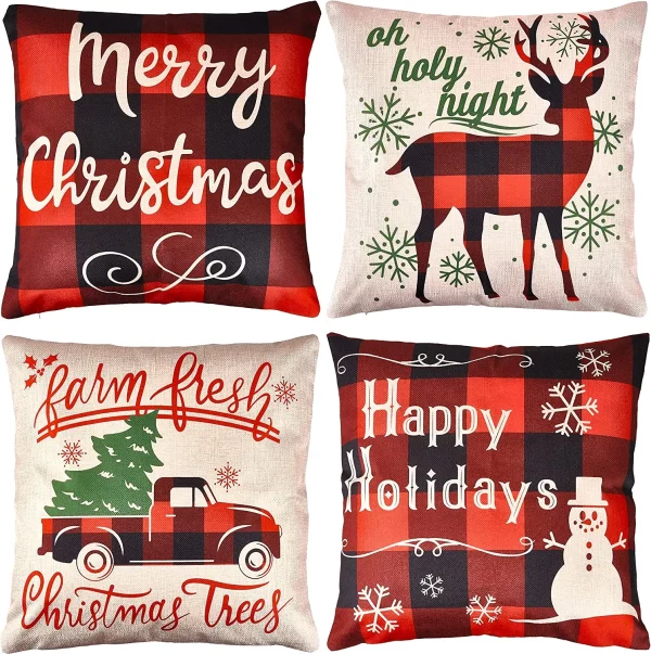 4pcs Buffalo Plaid Reindeer And Truck Pillow Covers 2 4pcs Buffalo Plaid Reindeer And Truck Pillow Covers