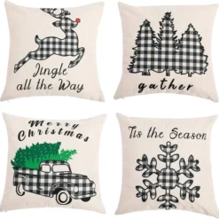 4pcs Black & White Plaid Pillow Cover Christmas
