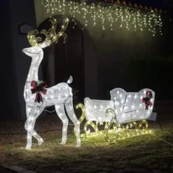 3D Fabric LED Lighted Reindeer With Sleigh Decorations 5ft