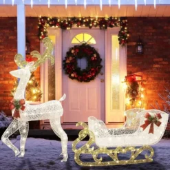 3D Fabric LED Lighted Reindeer With Sleigh Decorations 5ft -Christmas Decorations Store 5ft Fabric Reindeer with Sleigh Christmas Yard Lights 3 600x600 1