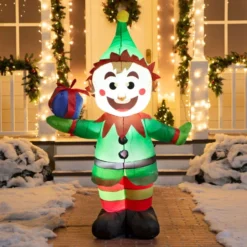 5ft Inflatable LED Elf With Present Decoration