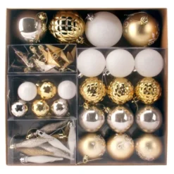 67pcs Gold White &amp Silver Assorted Christmas Ball Ornaments