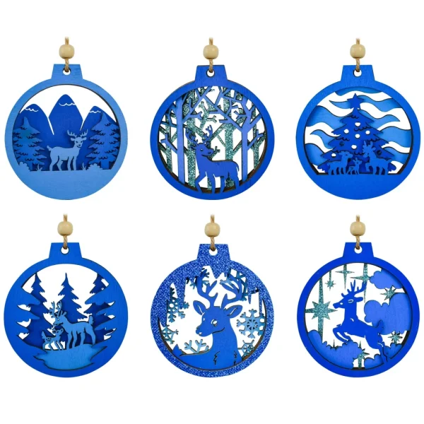 6pcs Reindeer Carved Blue Wooden Christmas Ornaments 4 6pcs Reindeer Carved Blue Wooden Christmas Ornaments - Image 2