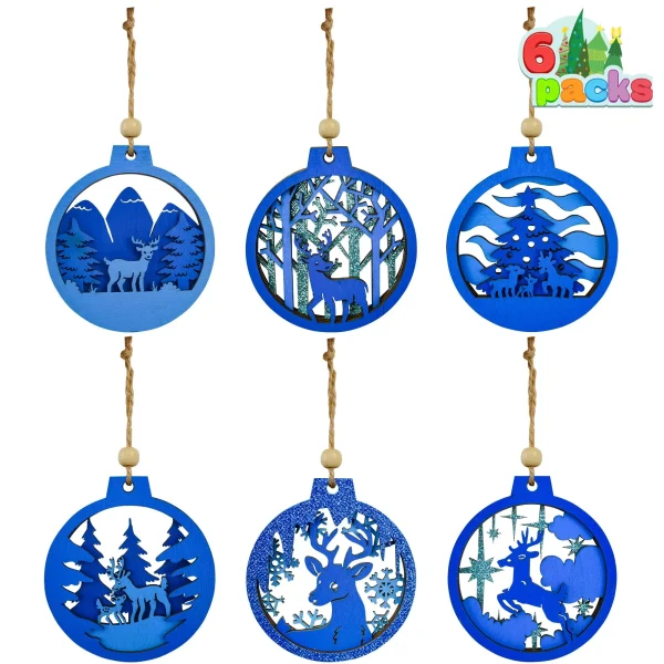 6pcs Reindeer Carved Blue Wooden Christmas Ornaments 8 6pcs Reindeer Carved Blue Wooden Christmas Ornaments - Image 6