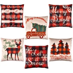 6pcs Buffalo Plaid Pillow Covers Tree And Reindeer
