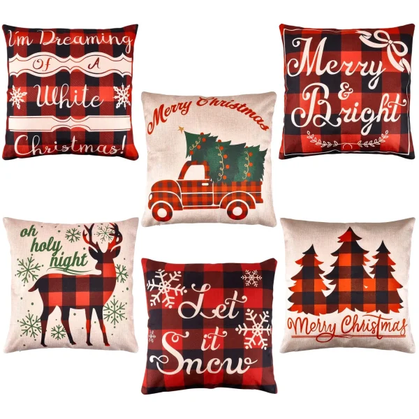 6pcs Buffalo Plaid Pillow Covers Tree And Reindeer 3 6pcs Buffalo Plaid Pillow Covers Tree And Reindeer