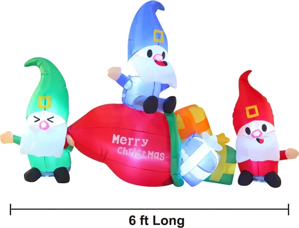 6ft LED Long Christmas 3 Gnome Inflatable With Gift Bags 4 6ft LED Long Christmas 3 Gnome Inflatable With Gift Bags - Image 2