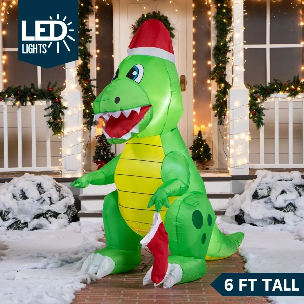 6ft Tall LED Inflatable Dinosaur Holding A Stocking 4 6ft Tall LED Inflatable Dinosaur Holding A Stocking - Image 2