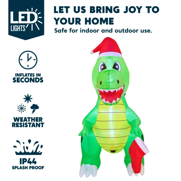 6ft Tall LED Inflatable Dinosaur Holding A Stocking 5 6ft Tall LED Inflatable Dinosaur Holding A Stocking - Image 3