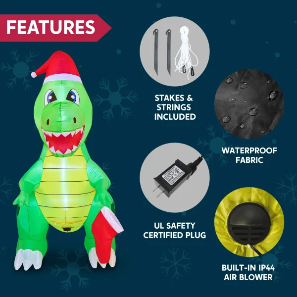 6ft Tall LED Inflatable Dinosaur Holding A Stocking 8 6ft Tall LED Inflatable Dinosaur Holding A Stocking - Image 6