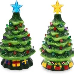 2pcs Pre Lit Ceramic Tabletop Christmas Tree 7in