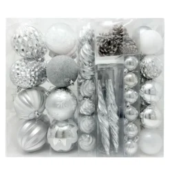87pcs Christmas White And Silver Ornaments
