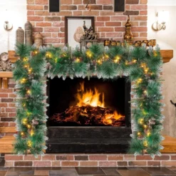 50 Warm White Pre Lit Cone Flocked Christmas Garland 9ft