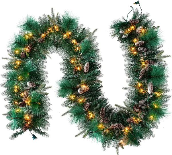 50 Warm White Pre Lit Cone Flocked Christmas Garland 9ft 4 50 Warm White Pre Lit Cone Flocked Christmas Garland 9ft - Image 2