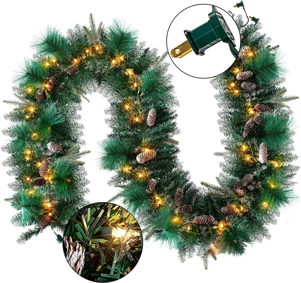 50 Warm White Pre Lit Cone Flocked Christmas Garland 9ft 6 50 Warm White Pre Lit Cone Flocked Christmas Garland 9ft - Image 4