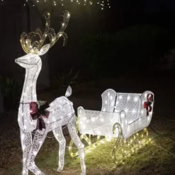 3D Fabric LED Lighted Reindeer With Sleigh Decorations 5ft -Christmas Decorations Store Fabric Reindeer with Sleigh LED Yard Lights 2 600x718 1