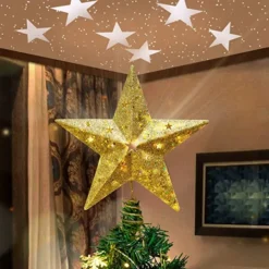 LED Light Up Gold Star Tree Topper W/ White Projector