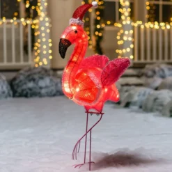 3ft 30 LED Tinsel Flamingo With Christmas Hat