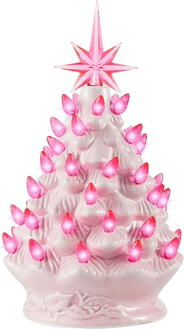 9in Ceramic Pink Tabletop Christmas Tree Prelit 4 9in Ceramic Pink Tabletop Christmas Tree Prelit - Image 2
