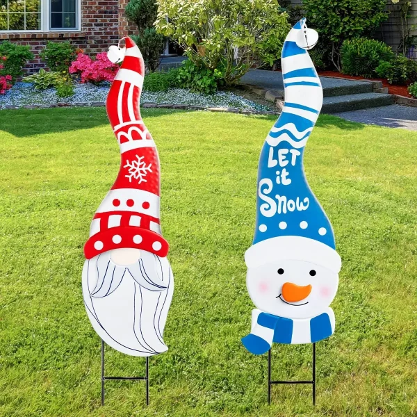 2pcs Snowman And Gnome Metal Christmas Yard Signs With Stake 3 2pcs Snowman And Gnome Metal Christmas Yard Signs With Stake