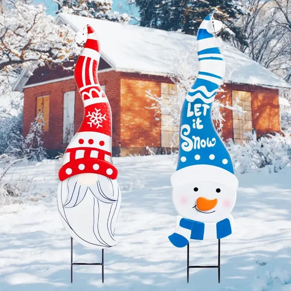 2pcs Snowman And Gnome Metal Christmas Yard Signs With Stake 4 2pcs Snowman And Gnome Metal Christmas Yard Signs With Stake - Image 2