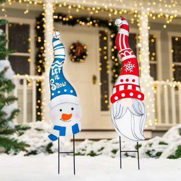 2pcs Snowman And Gnome Metal Christmas Yard Signs With Stake 5 2pcs Snowman And Gnome Metal Christmas Yard Signs With Stake - Image 3