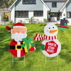 2pcs Snowman And Santa With Circle Belly Metal Yard Signs